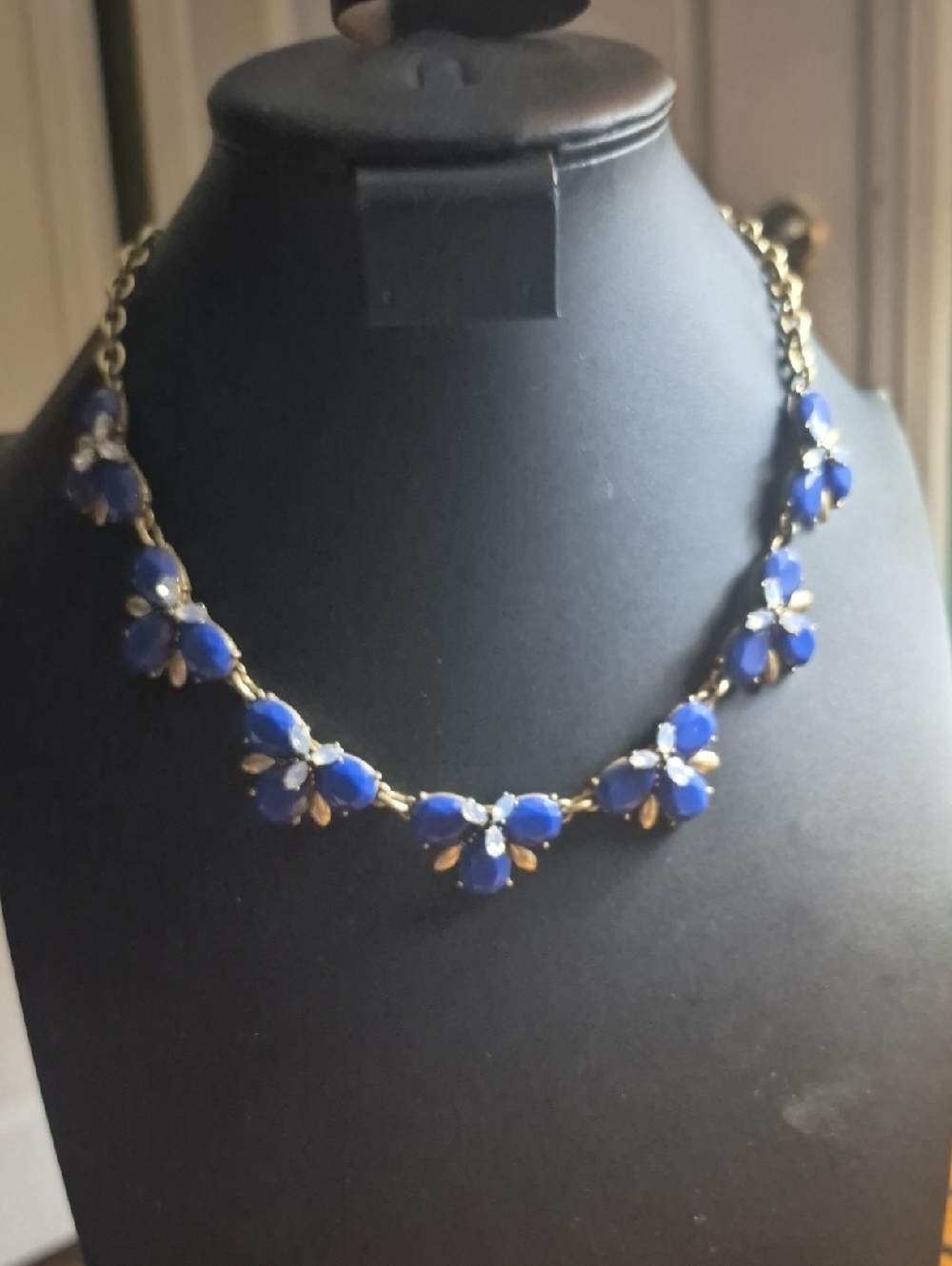 J.Crew Gold Tone Blue Glass Crystal Rhinestone Statement Necklace